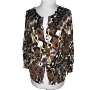 No Brand Label Abstract 3/4 Sleeve Beaded Button Front Cardigan Sweater Size L